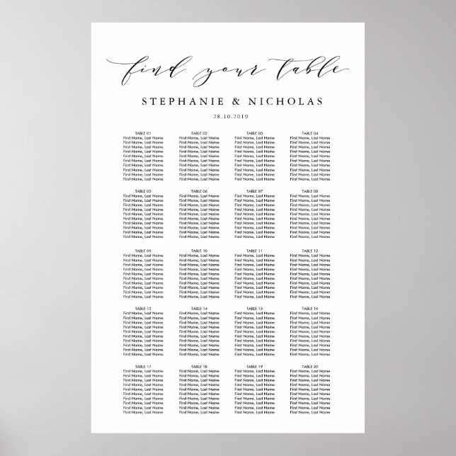 Póster Tabla de asientos de Boda de Moda de letra manual (Frente)