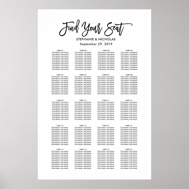 Póster Tabla de asientos de Boda de Moda de letra manual (Frente)