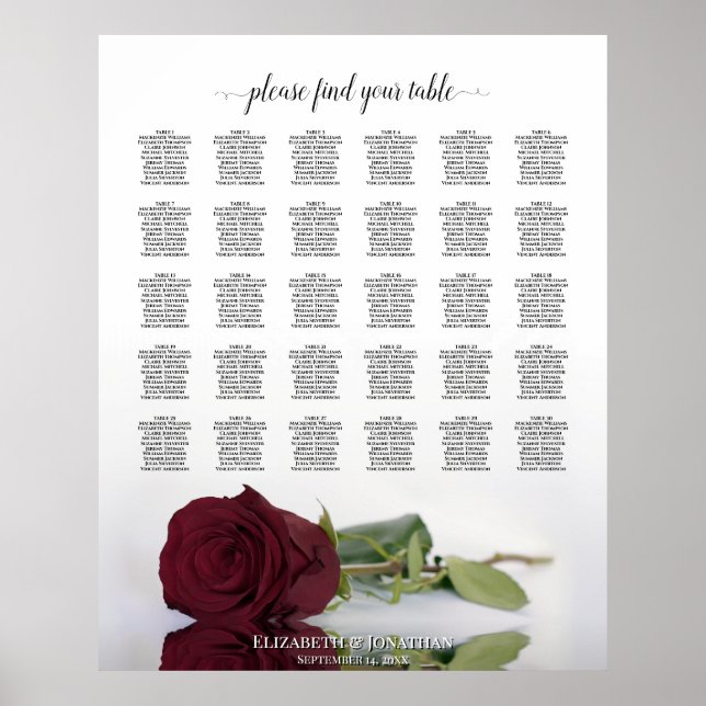 Póster Tabla de asientos de Boda de Moda de mesa 30 Rosa  (Frente)