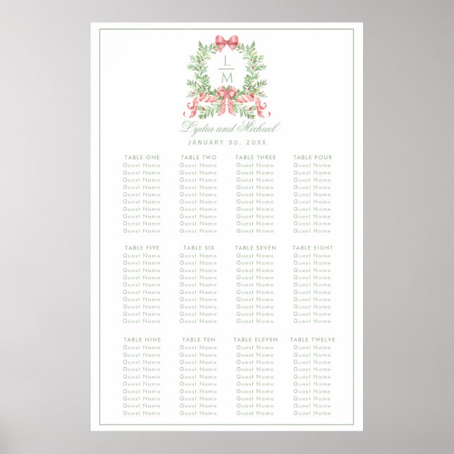 Póster Tabla de asientos de Boda de monograma de flauta p (Frente)