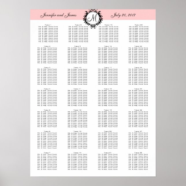Póster Tabla de asientos de Boda de plantilla rosa de 280 (Frente)