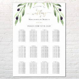 Póster tabla de asientos de boda de rama de olivo