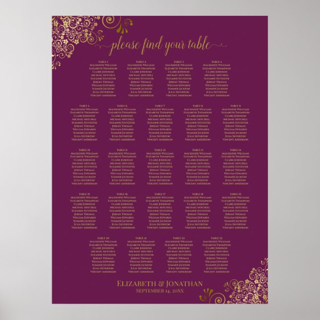 Póster Tabla de asientos de Boda de tabla Cassis Purple 2 (Frente)