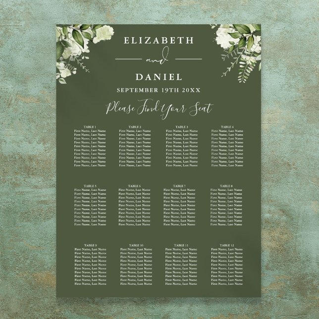 Póster Tabla de asientos de Boda de vegetación floral ver (Olive Green Floral Greenery Wedding Seating Chart)