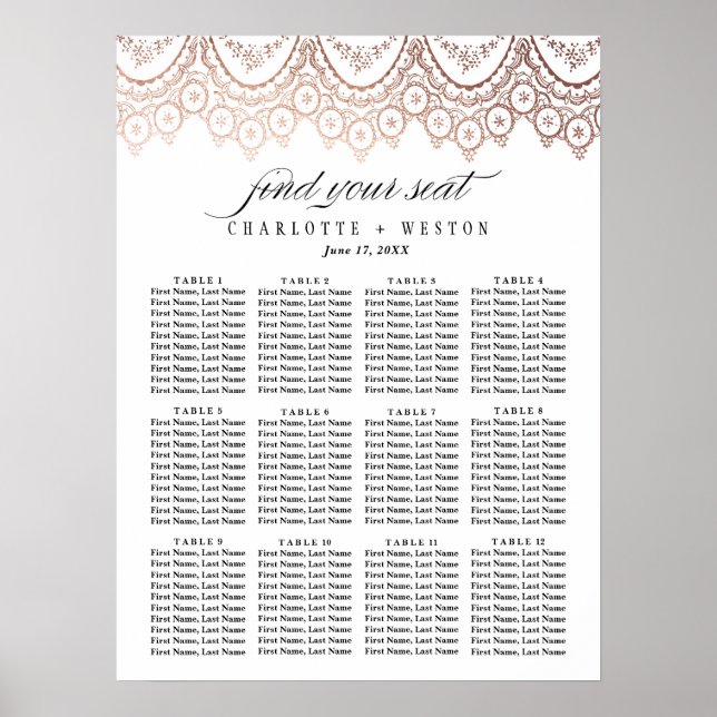 Póster Tabla de asientos de Boda Delicado de Oro Rosa (Frente)