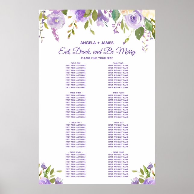 Póster Tabla de asientos de Boda floral acuarela (Frente)