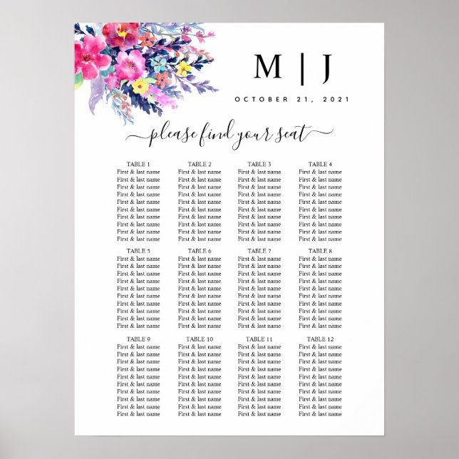 Póster Tabla de asientos de Boda floral amarillo rosado c (Frente)