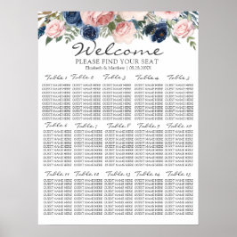 Póster Tabla de asientos de Boda floral azul de la Marina