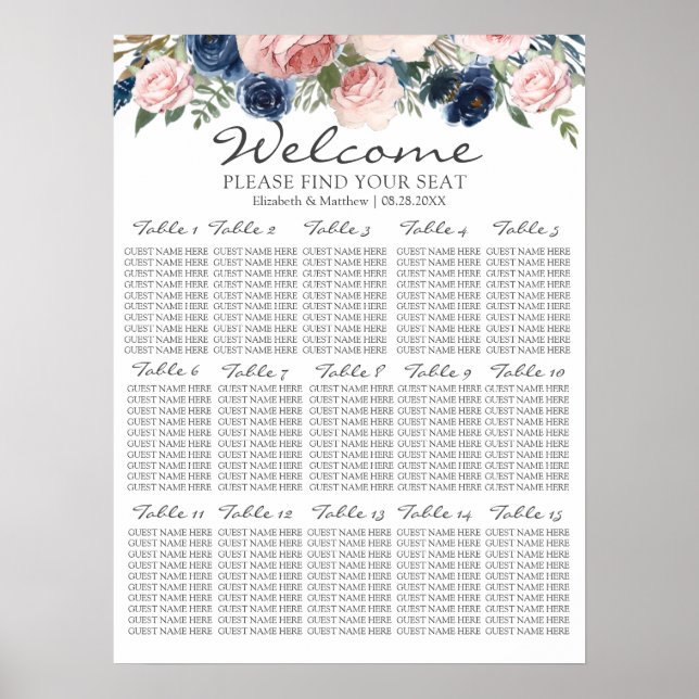 Póster Tabla de asientos de Boda floral azul de la Marina (Frente)