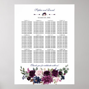 Póster Tabla de asientos de Boda floral azul de la Marina