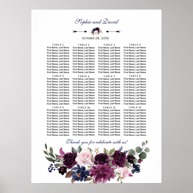 Póster Tabla de asientos de Boda floral azul de la Marina (Frente)
