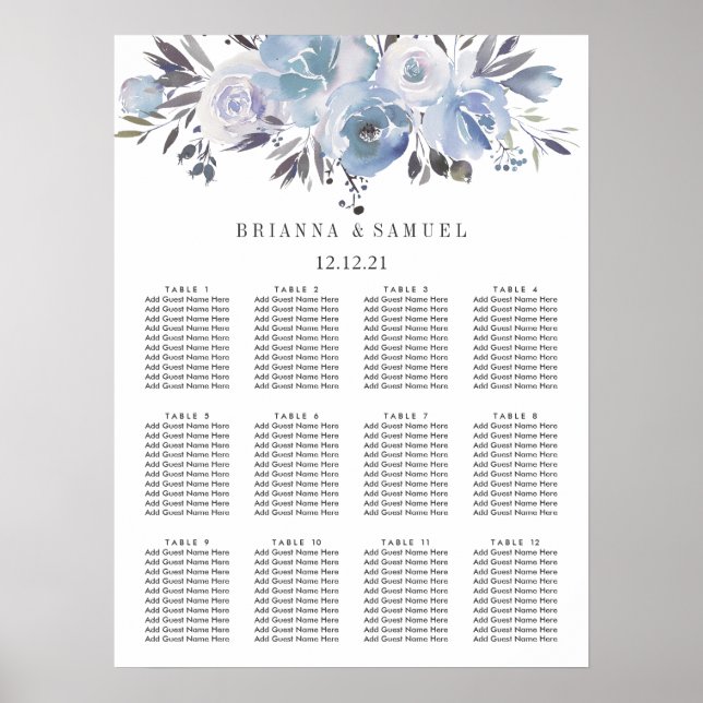 Póster Tabla de asientos de Boda floral azul de sueño (Frente)
