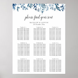Póster tabla de asientos de boda floral azul polvoriento