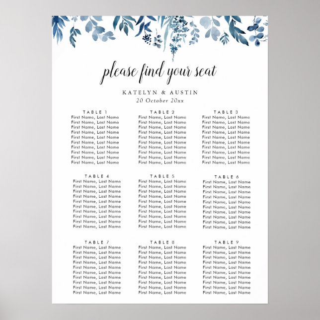 Póster tabla de asientos de boda floral azul polvoriento (Frente)