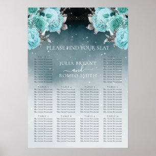 Póster Tabla de asientos de Boda floral azul turquesa de 