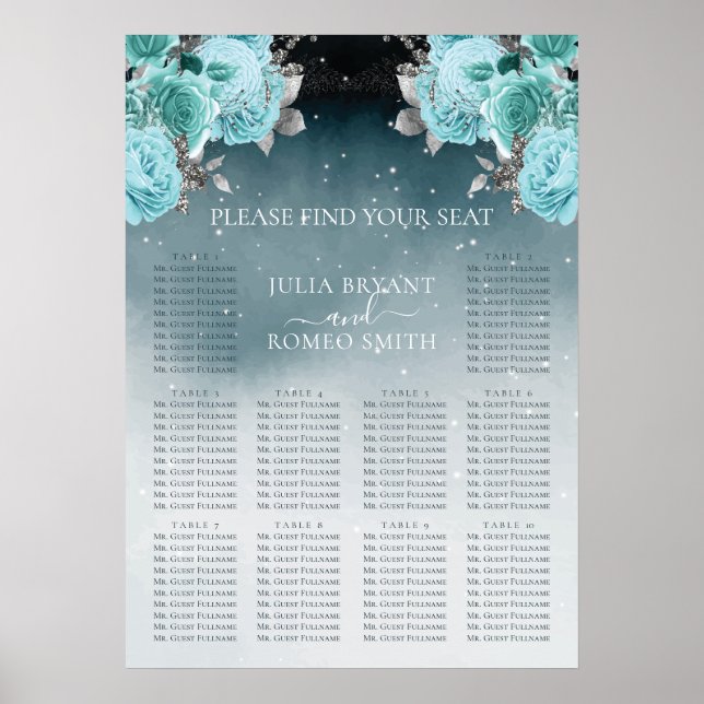 Póster Tabla de asientos de Boda floral azul turquesa de  (Frente)