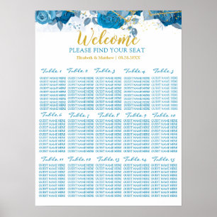 Póster Tabla De Asientos De Boda Floral Azul Y Oro De Cia