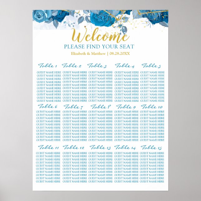 Póster Tabla De Asientos De Boda Floral Azul Y Oro De Cia (Frente)