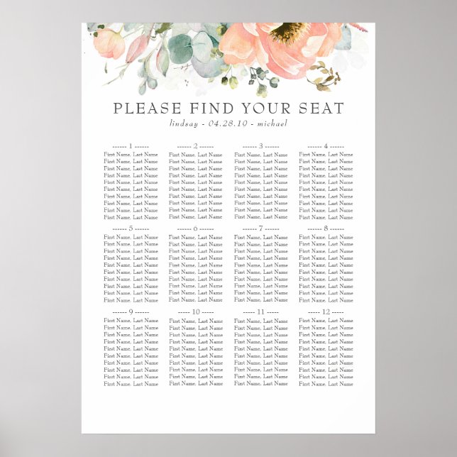 Póster Tabla de asientos de Boda floral Boho Peach (Frente)