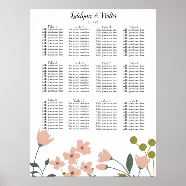 Póster Tabla de asientos de Boda floral de primavera rosa (Frente)