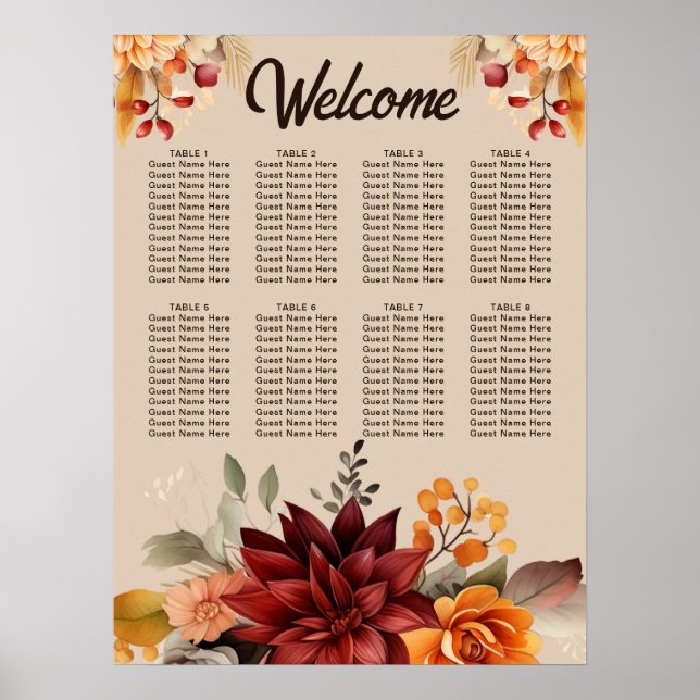 Póster Tabla de asientos de Boda floral de terracota otoñ (Frente)