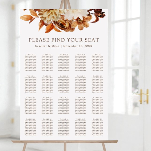 Póster Tabla de asientos de Boda floral de terracota otoñ (Fall Terracotta Floral Wedding Seating Chart by Painted Paperie
)