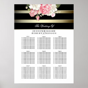 Póster Tabla de asientos de Boda floral dorado negro y bl