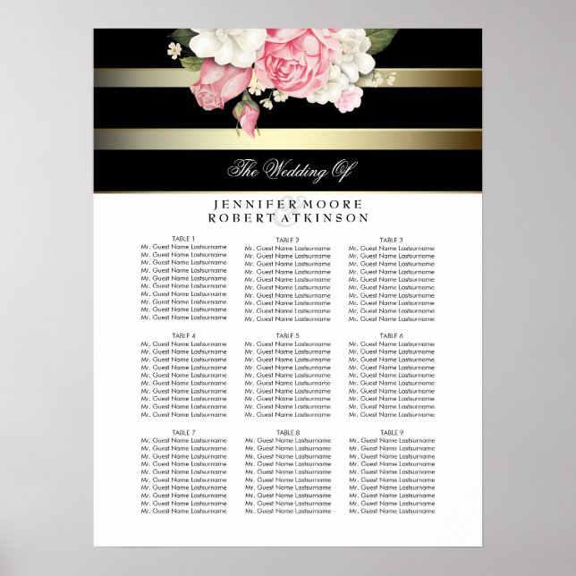 Póster Tabla de asientos de Boda floral dorado negro y bl (Frente)