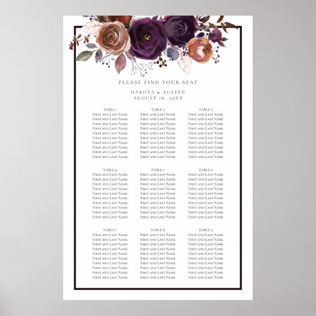 Póster Tabla de asientos de Boda floral morado oscuro y b (Frente)