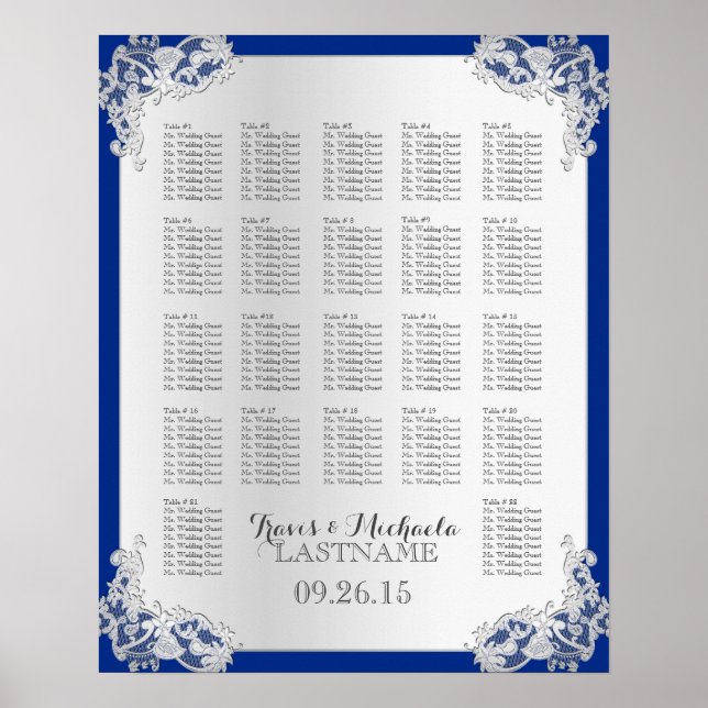 Póster Tabla de asientos de Boda floral plateado (Frente)