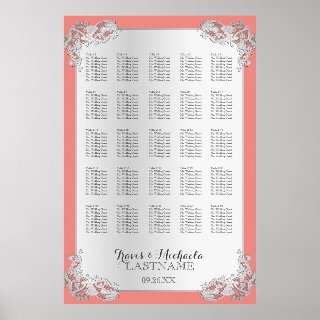 Póster Tabla de asientos de Boda floral plateado 24x36 (Frente)