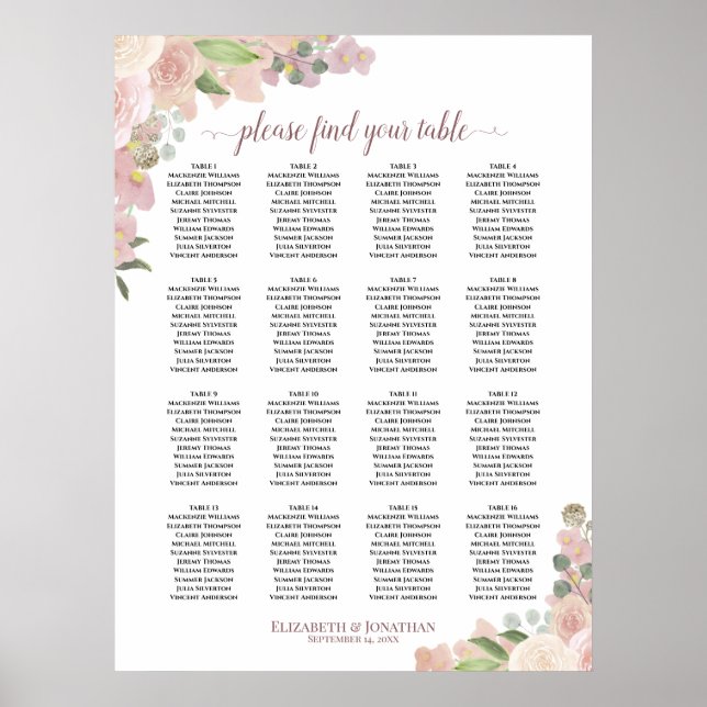 Póster Tabla De Asientos De Boda Floral Rosa De Boho (Frente)
