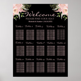 Póster Tabla de asientos de Boda floral rosa negro y Rubo