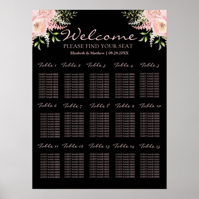 Póster Tabla de asientos de Boda floral rosa negro y Rubo (Frente)