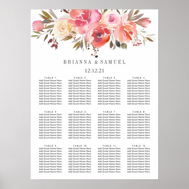 Póster Tabla de asientos de Boda floral rosado de sueño (Frente)