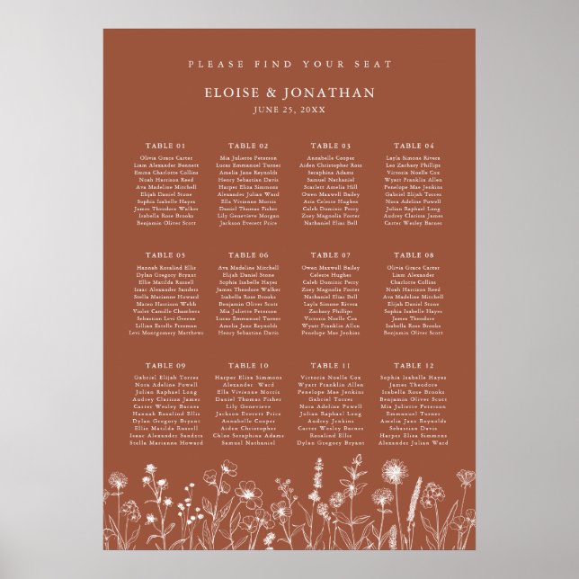 Póster Tabla de asientos de Boda floral rústico de Terrac (Frente)