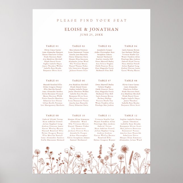Póster Tabla de asientos de Boda floral rústico de Terrac (Frente)