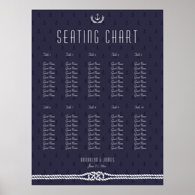 Póster Tabla de asientos de Boda náutico 18x24 Anclajes a (Frente)