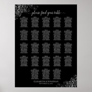 Póster Tabla de asientos de Boda negro plateado Lace 23