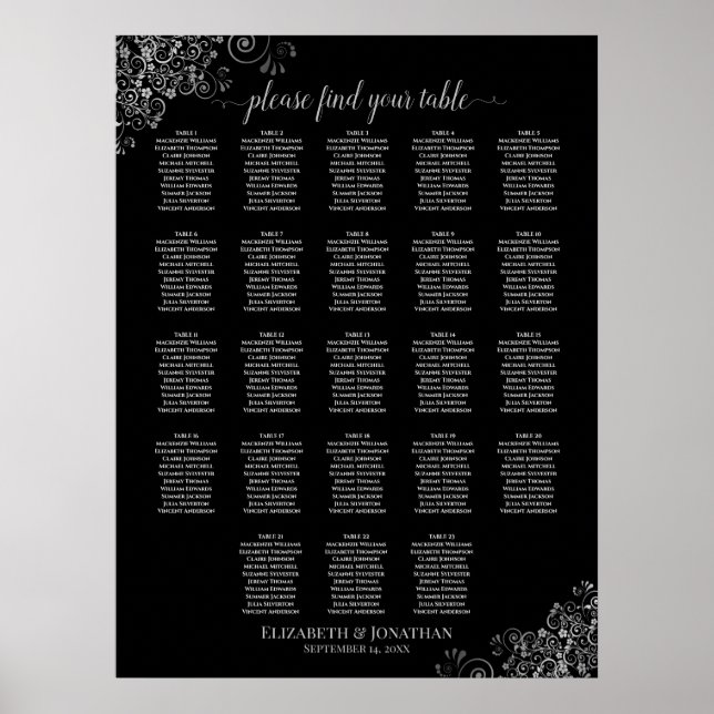 Póster Tabla de asientos de Boda negro plateado Lace 23 (Frente)