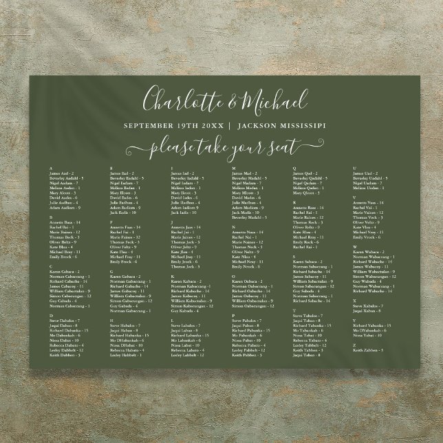 Póster Tabla de asientos de Boda Olive Green 200 Names (Olive Green 200 Names Wedding Seating Chart)