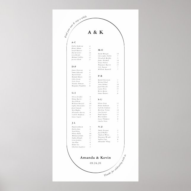 Póster Tabla de asientos de Boda ovalado moderno de 48" (Frente)