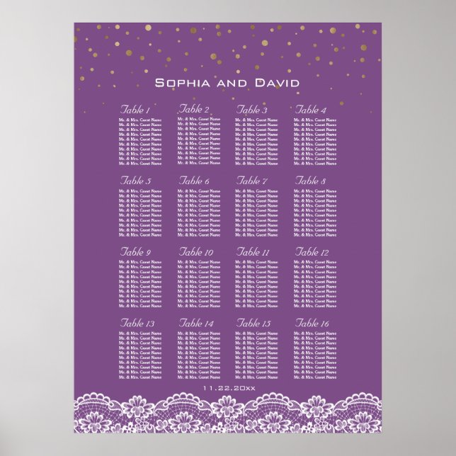 Póster Tabla de asientos de Boda púrpura de confetti de o (Frente)