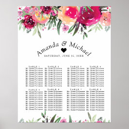 Póster Tabla de asientos de Boda rosa floral acuarela