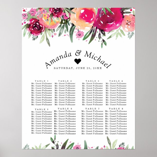 Póster Tabla de asientos de Boda rosa floral acuarela (Frente)