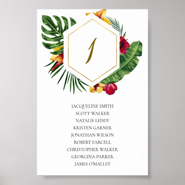 Póster Tabla de asientos de Boda tropical dorado (Frente)