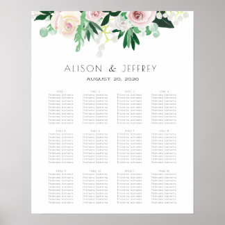 Póster Tabla de asientos de Boda verde floral acuarela