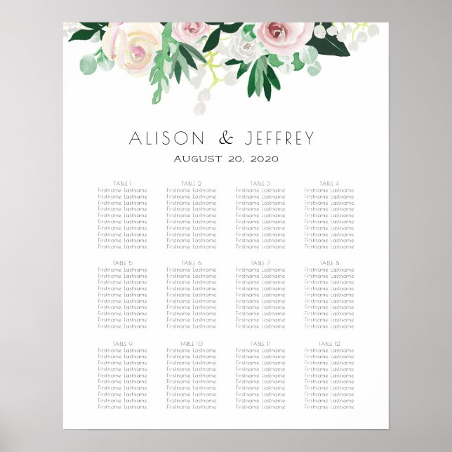 Póster Tabla de asientos de Boda verde floral acuarela (Frente)