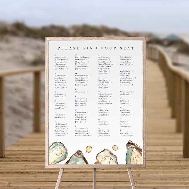 Póster Tabla de asientos de Bodas alfabéticos de ostras c (Coastal oyster alphabetical seating chart)