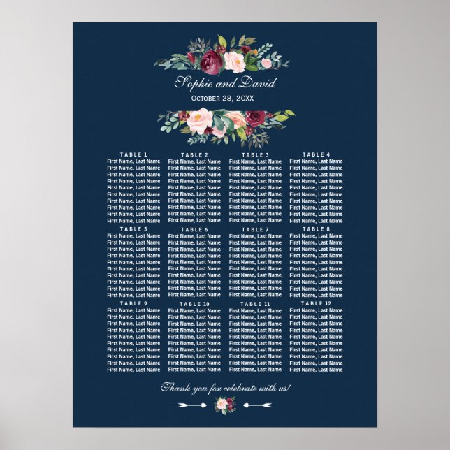 Póster Tabla de asientos de Bodas azules de la Marina Flo (Frente)